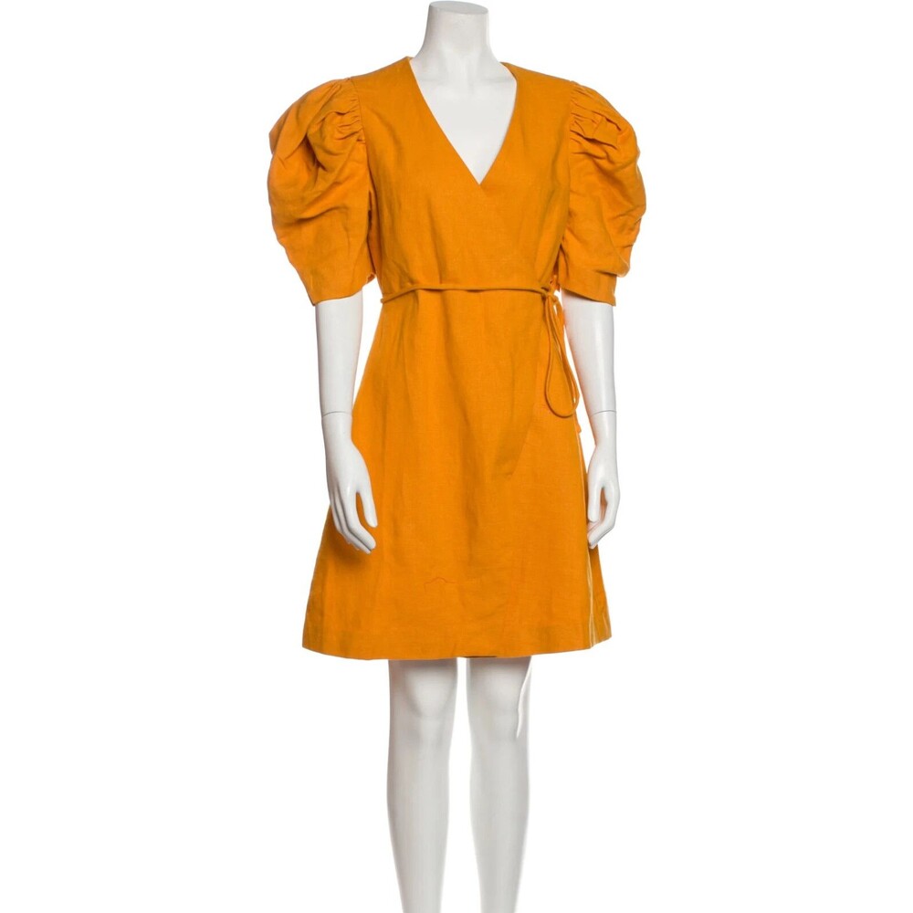Vivienne Hu Women's V Neck Puff Sleeve Wrap Mini Dress Sz S NWT 250 Orange